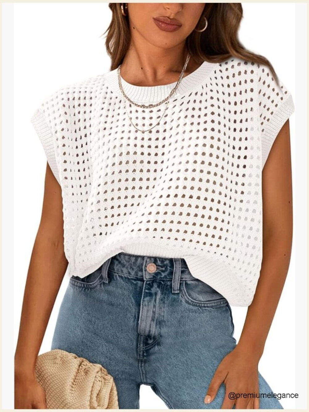 Crochet Cap Sleeve Pullover Crew Neck Loose Fit Beach Top